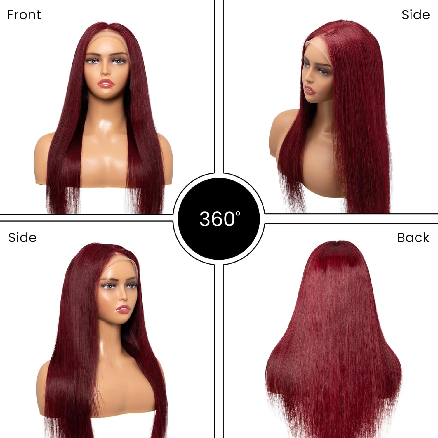 99j Burgundy Straight 13x4 Full Front Lace Wigs Human Hair Burgundy HD Frontal Lace Front Wigs Human Hair Pre-Plucked With Baby Hair 180% Density 24 Inch
