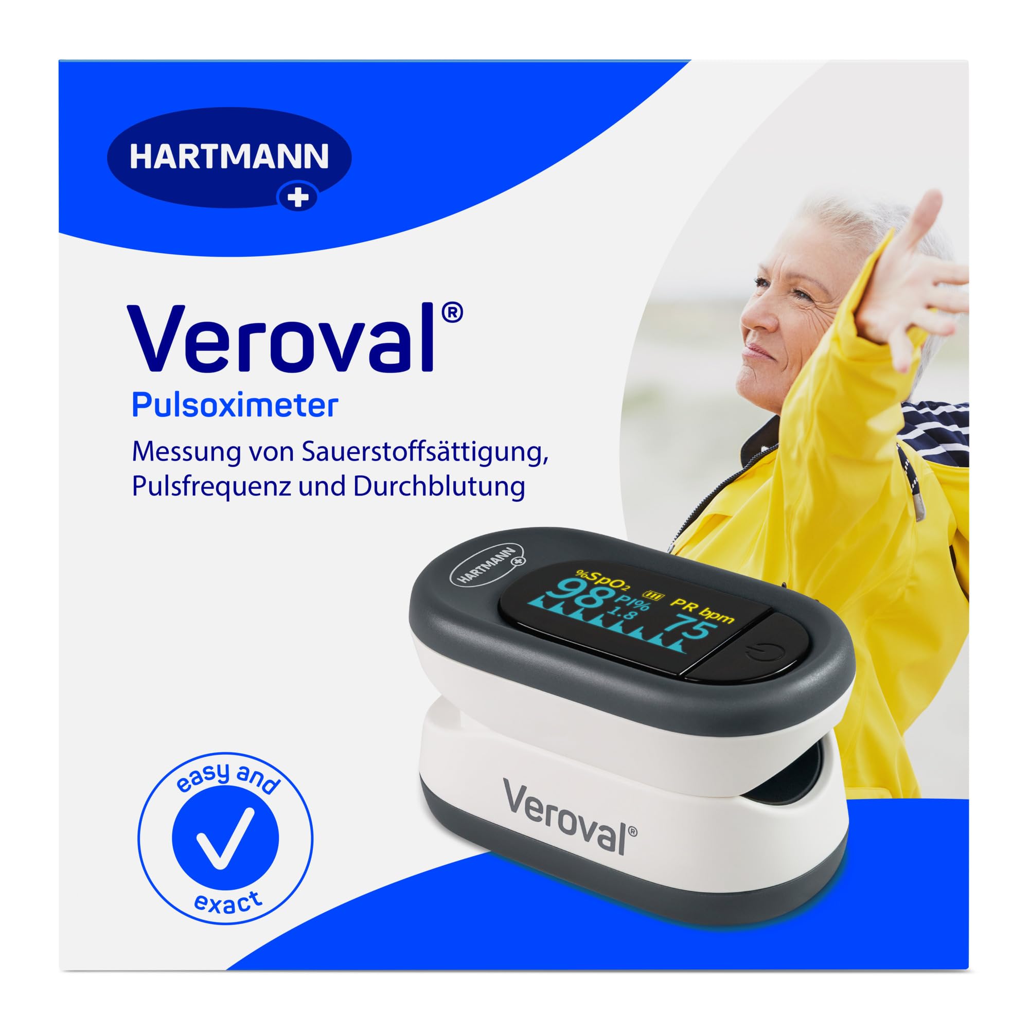 Veroval® Pulsoximeter | Messung von Sauerstoffsättigung (SpO₂), Herzfrequenz (Puls) & Durchblutung (Perfusionsindex) am Finger | Klinisch validiertes Messgerät mit OLED-Farbdisplay | 1 Set