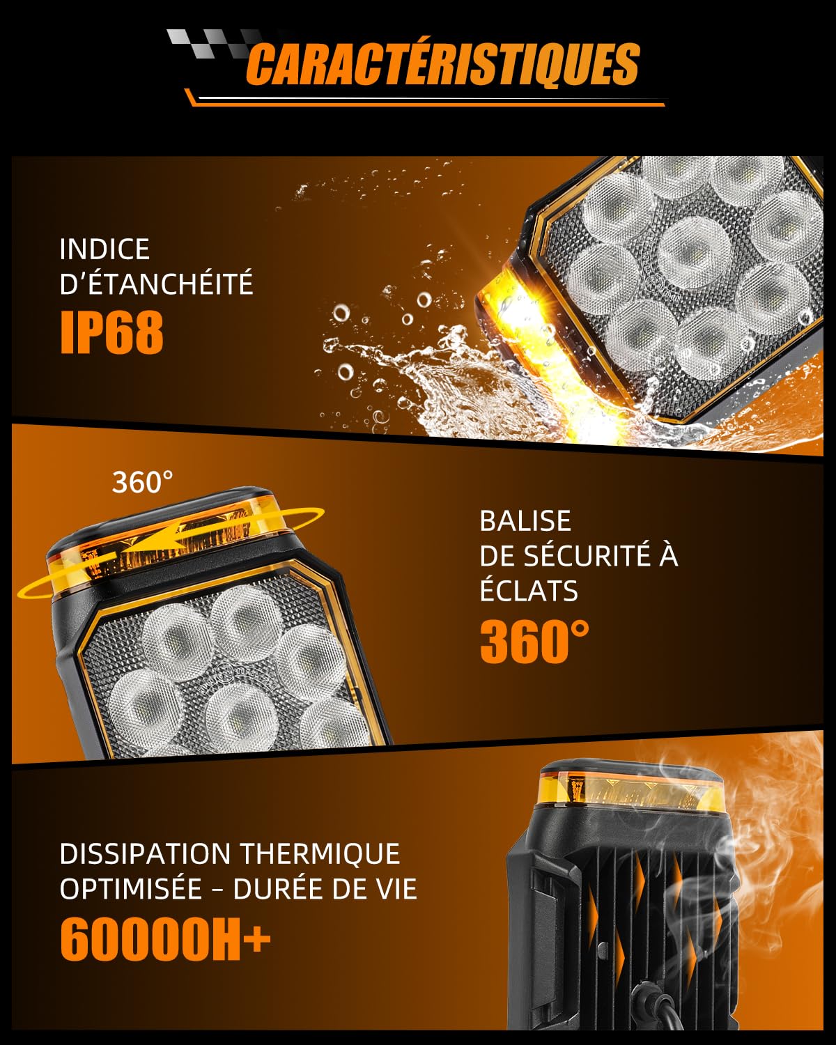 CO LIGHT Phare de Travail LED 4 Pouces 2 en 1 avec Feu d’Avertissement 360° pour Chariot élévateur, excavatrice, Camions Tracteurs Engins de Chantier Véhicules Agricoles 12V 24V