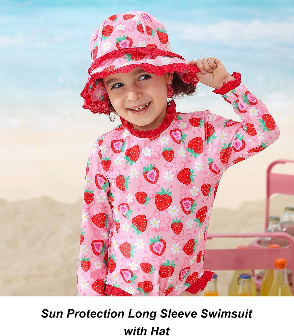 Baby Girls UPF 50+ Sun Protection Swimsuit Long Sleeve Quick-Dry Bathing Suit Rash Guard for 3-24 Month