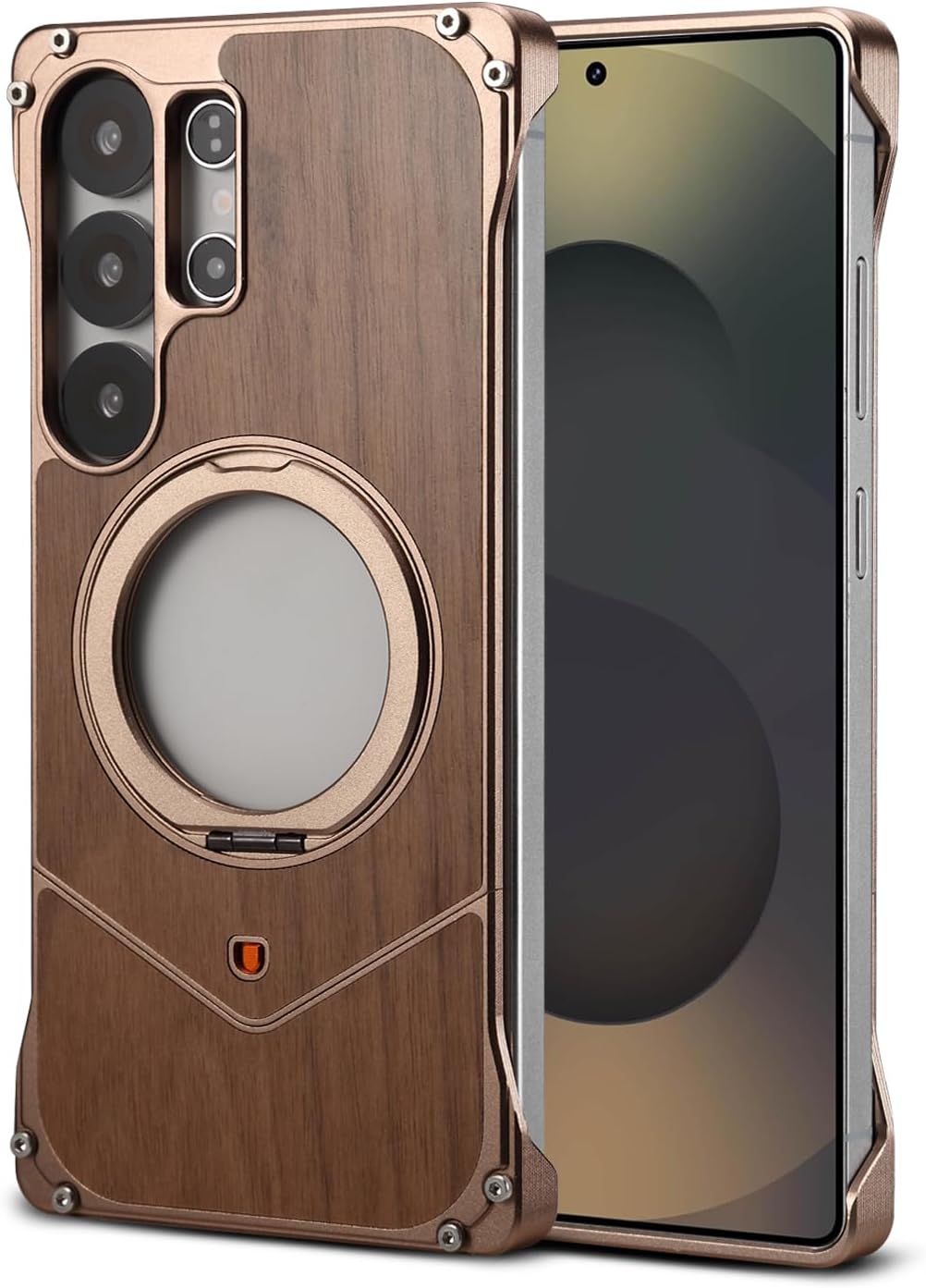 360° Spin Magnetic Stand for Samsung Galaxy S25Ultra Metal Bezel-Less Skeleton Half Wrap Phone Case Solid Wood (Gold, Samsung Galaxy S25 Ultra)