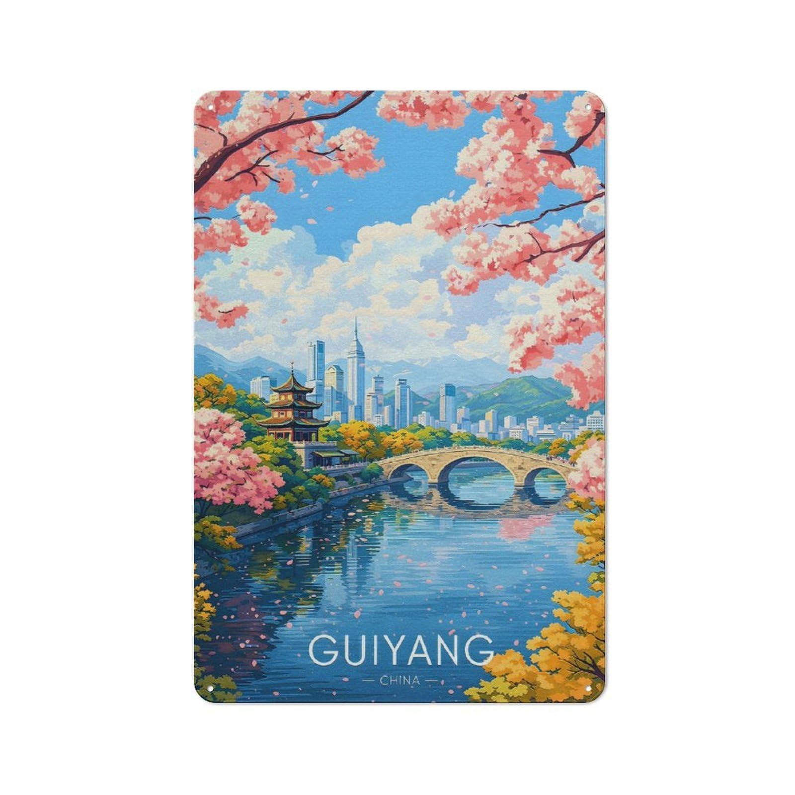 Guiyang Cityscape with Cherry Blossoms Everyday Metal Wall Decor 30x20cm, Decorative Tin Plaque for Flat, Dorm Room, Lounge Or Cafe