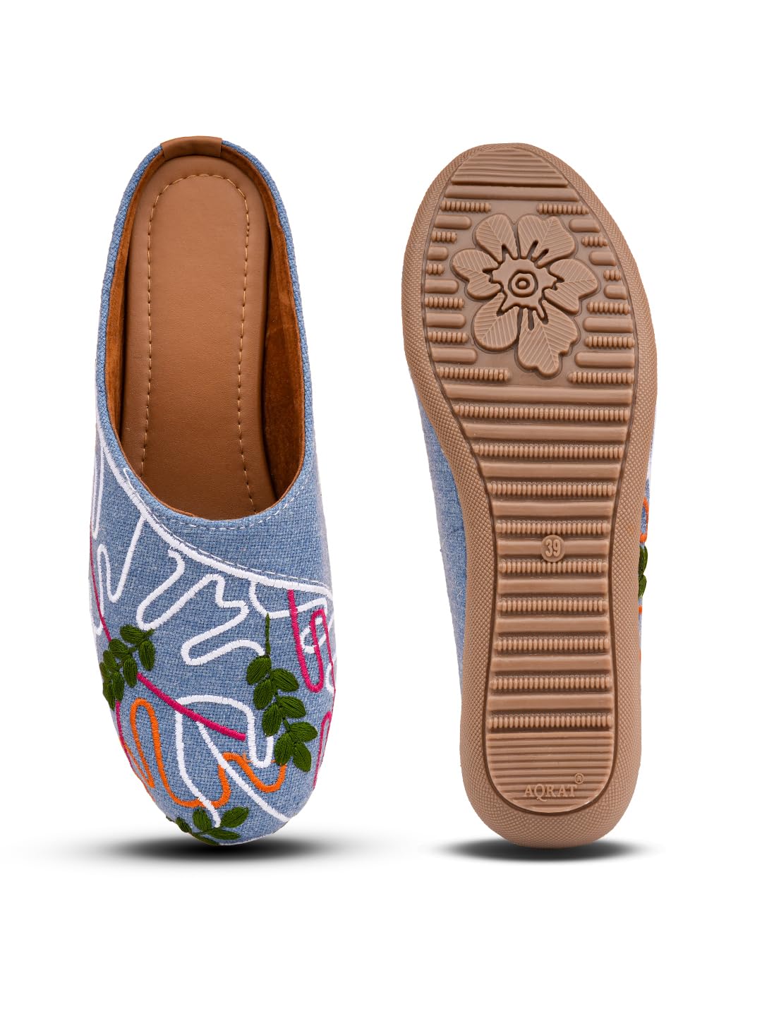 Women's Embroidered Mule Slippers | Blue Floral & Abstract Design Fabric Flats | Comfortable Slip-On Casual Foot-image-42