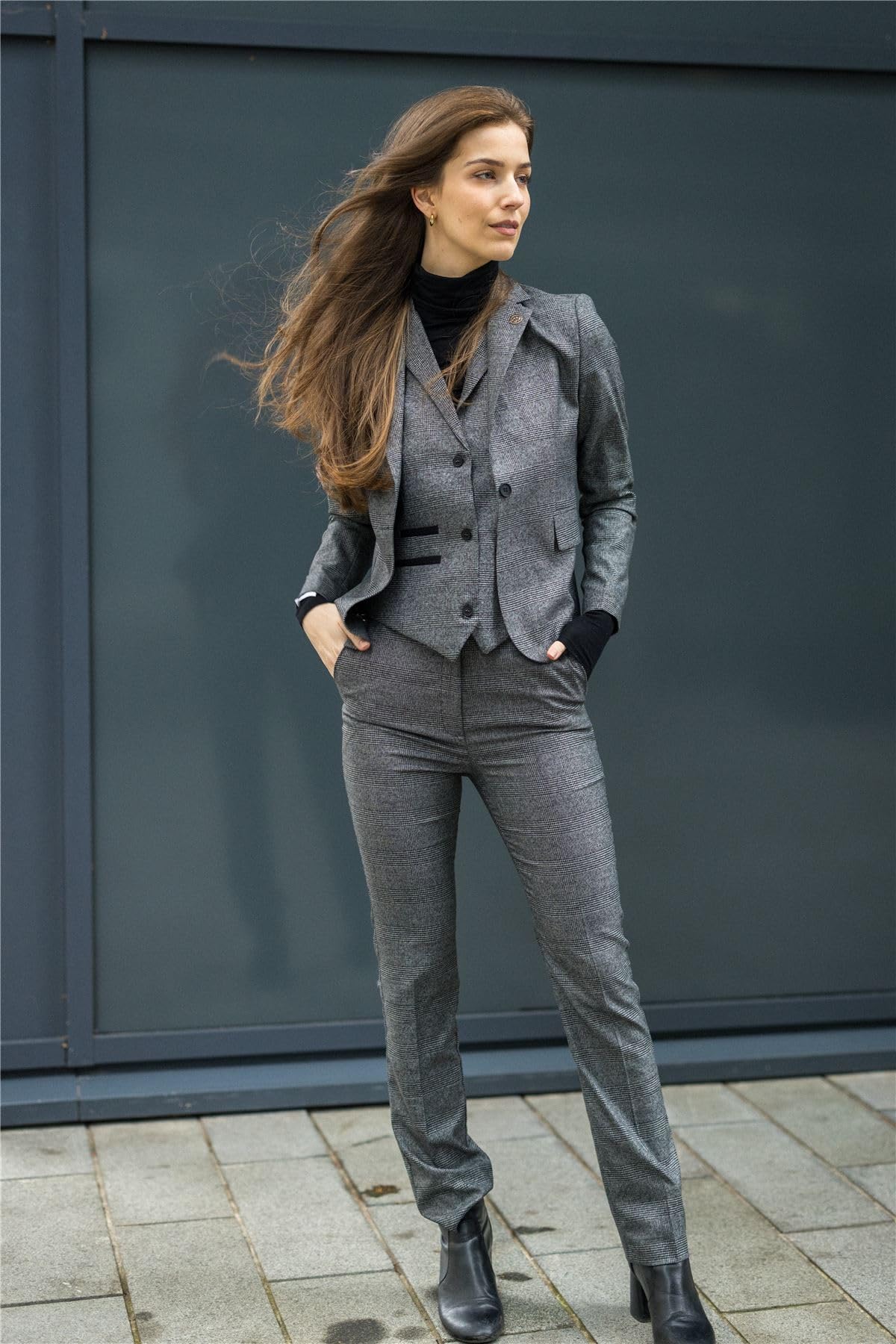 TruClothing.com Damen Anzug 3 Teilig Grau Karo Tailored Fit Business Formal