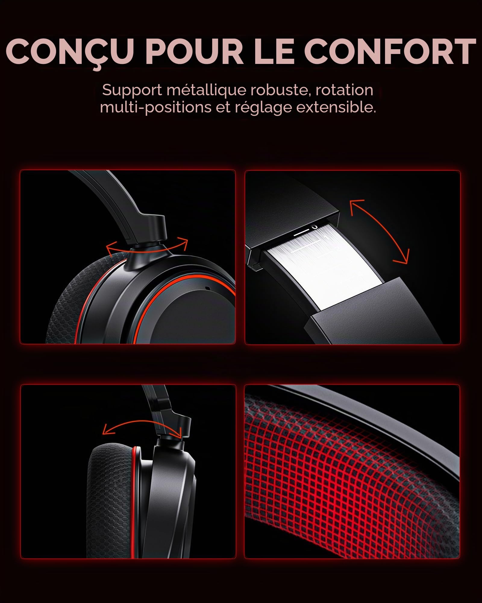 Picun G2 Casque de jeu sans fil, son surround virtuel 7.1, 2,4 GHz/Bluetooth 5.4/filaire, latence ultra-faible de 5 ms, batterie 100H, microphone antibruit ENC, RVB, pour PC PS5 PS4 Switch (noirrouge)