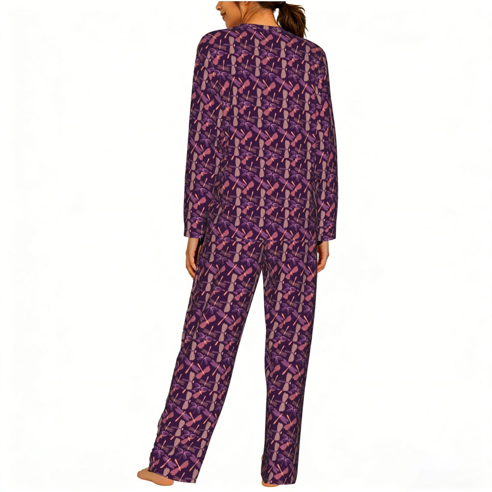 Viola Libellula Stampa Delle Donne Manica Lunga Pigiama Corrispondente Morbido Elastico Coulisse Casual Daywear