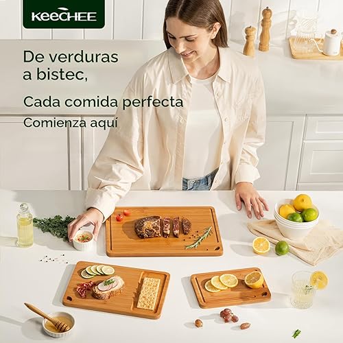 Miniatura 4 de Tabla de cortar de bambú, tablas de cortar de madera duradera para cocina con ranuras profundas para jugos y asas integradas, embutidos y picado