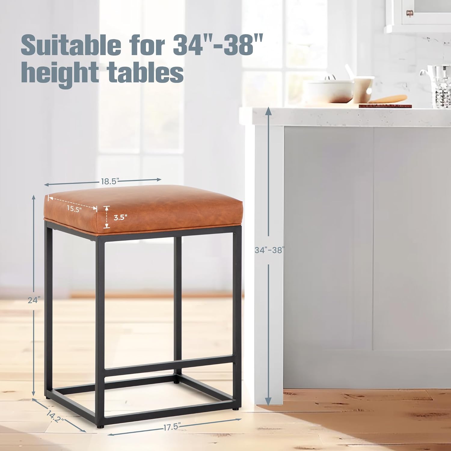 Brown Counter Height Bar Stools Set of 4 for Kitchen Counter 24 Inch Backless Modern Barstools Industrial Upholstered Faux Leather Stools Farmhouse Island Chairs,Support 330 LBS, Brown