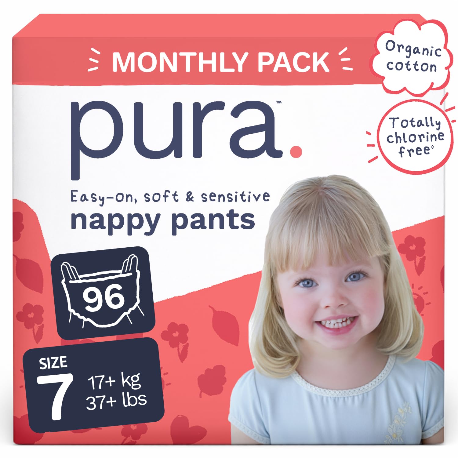Pura Nappy Pants Size 7, 96 Count, 17kg+, 360° Stretch Fit, Potty Training Pants for Hypoallergenic & Sensitive Skin, Up to 12 Hours Overnight Leak Protection, Totally Chlorine Free