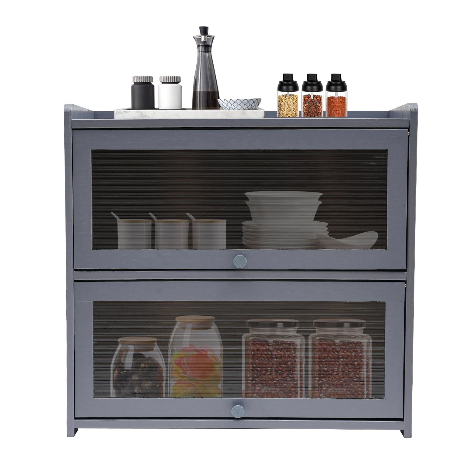 QIUTMER Kitchen Pantry Sideboard 2-Tier Bamboo Freestanding Countertop Storage Cabinet with 2 Sliding Striped Acrylic Doors Spice Seasoning Bottles Dish Bowl Grey