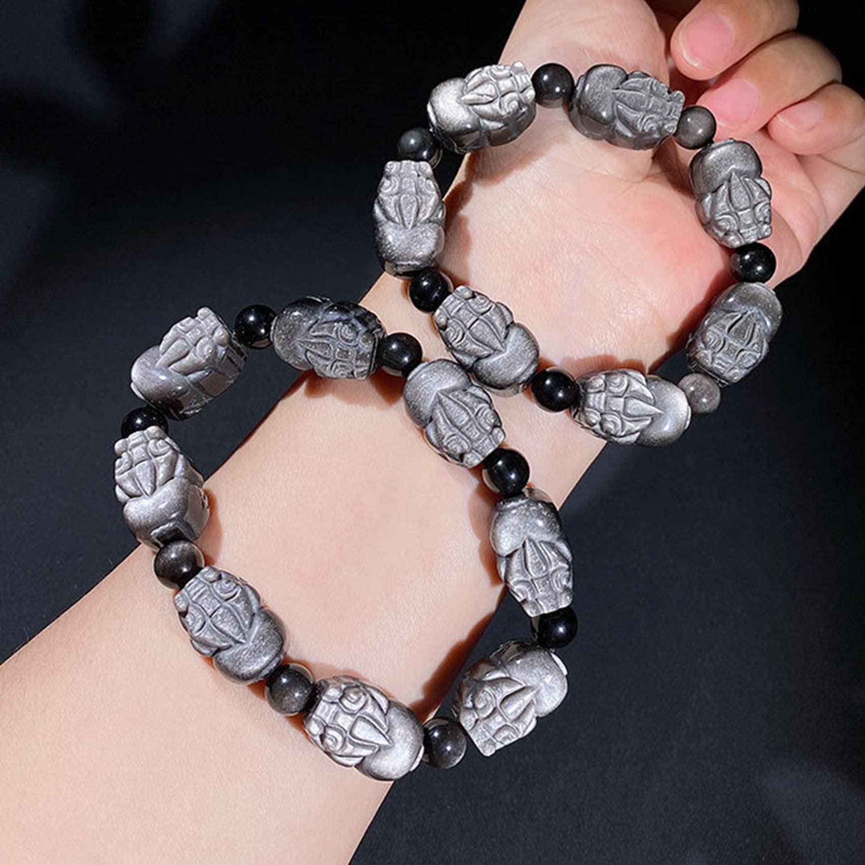 Armband Feng Shui Armband Natursilber Obsidian Armband Glücksdrache Armband 8mm Kristall Spacer Perlen Talisman Kristall Chakra Steine ​​Armband Unisex,7 Perlen