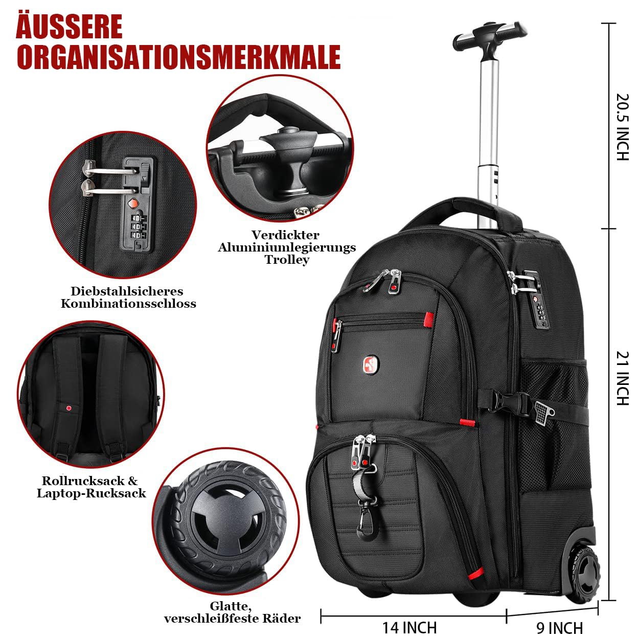 star cloud 21x14x9 Reiserucksack mit Rollen – Wasserabweisender Rucksack Trolley mit 17,3" Laptopfach – Handgepäck Rucksack Rollen für Geschäftsreise, Hochschulen & Wochenendtrip
