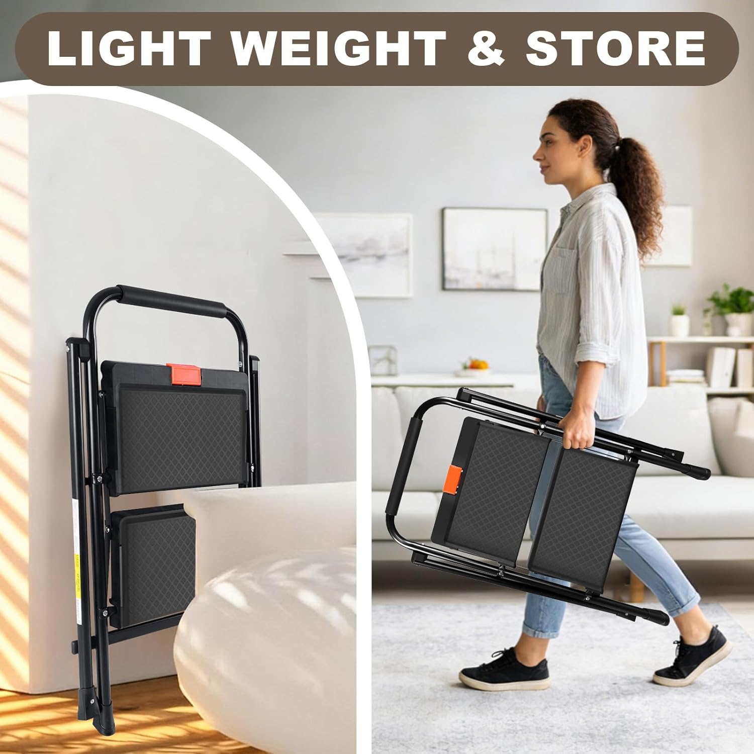 Valeo 2 Step Ladder, 2 Step Ladder for Adults with with Safe-Lock Design, Wide Anti-Slip Pedal, 500lbs Sturdy Steel Ladder, Step Stool Foldable with Cushioned Handle,Black