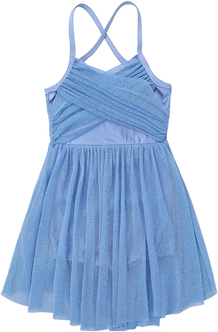 Lejafay Kids Girls Glittery Spaghetti Straps Ballet Leotard Modern Lyrical Dance Dress Mesh Skater Costume