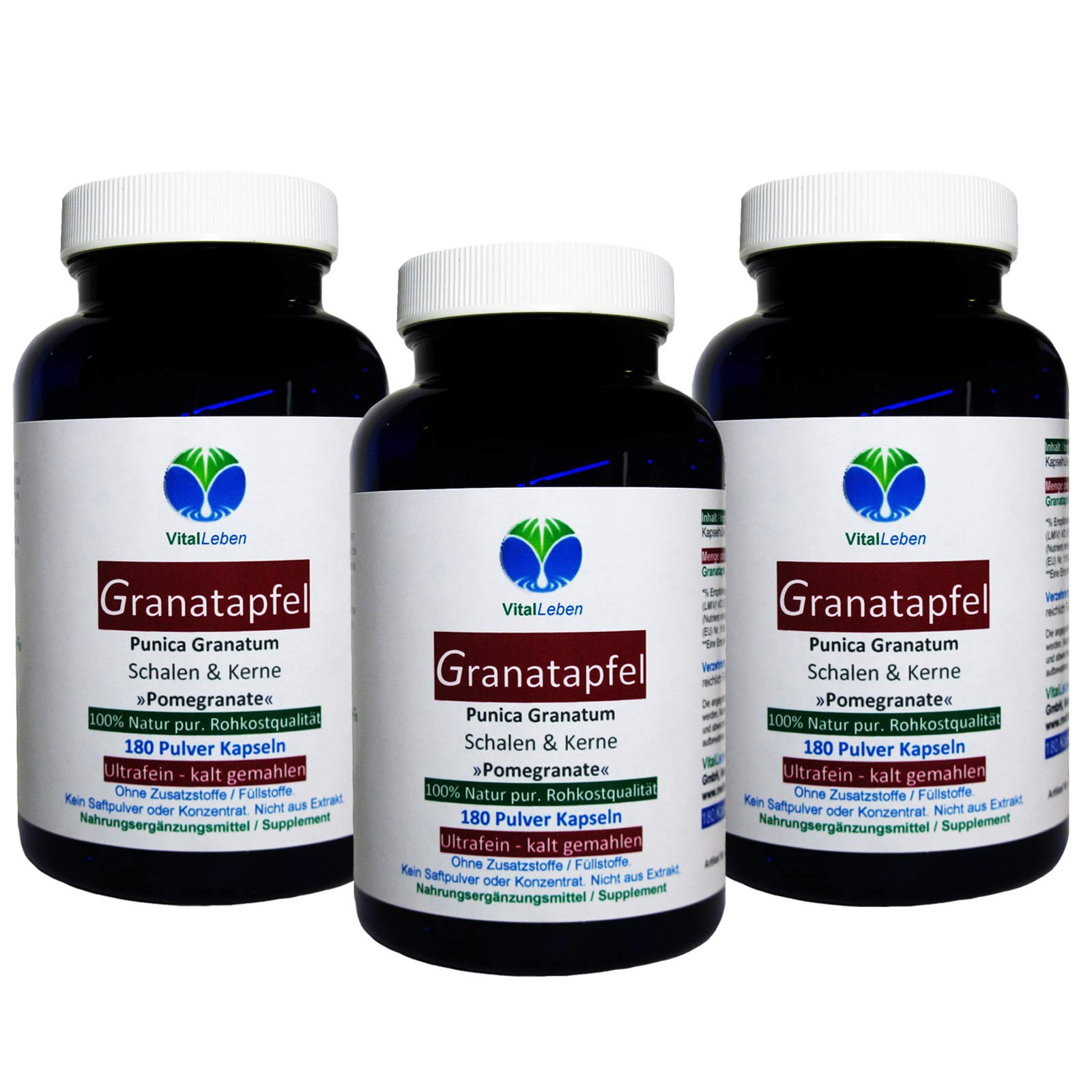 GRANATAPFEL Antioxidans + Ellagsäuren + MultiVitamin + MultiMineral für Durchblutung + Wechseljahre + Hitzewallungen - 540 (3x180) Pulver Kapseln - Natur pur - OHNE ZUSATZSTOFFE. 27050-5