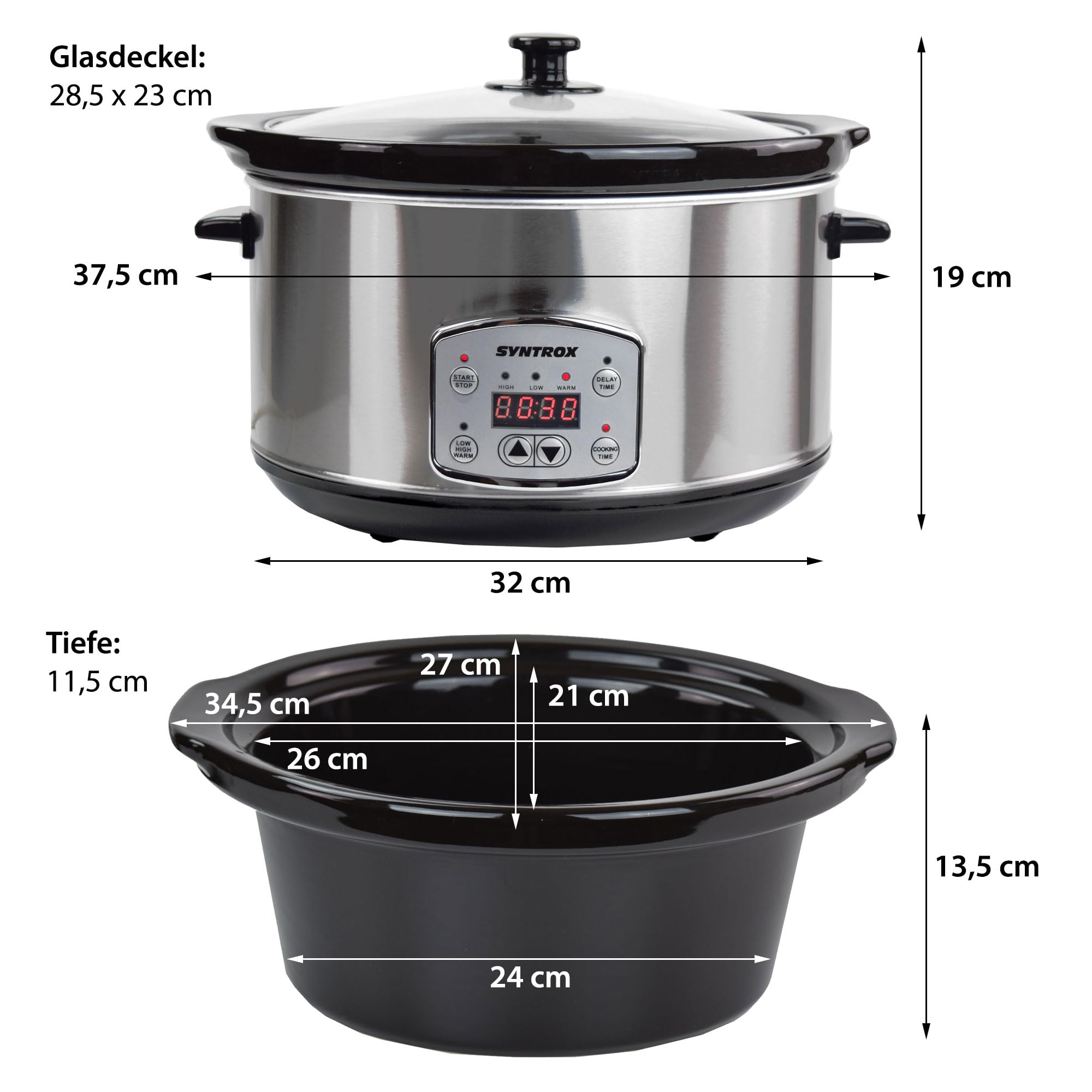 Syntrox Germany 4,5 l Slow Cooker | Schmortopf | Schongarer | Multikocher Annot, digitale Küchenuhr, Schonendes Langsamgaren, Edelstahl, Mikrowellengeeignet, Eintopfgerät