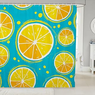Manfei Cartoon Lemons Kids Shower Curtains,Tropical Fruits Summer Bathroom Curtains for Girls Boys Adults,Hand-Painted Dot Fashion Blue Yellow Bright Waterproof Curtains,12 Hooks Suits,72" W x 72" L