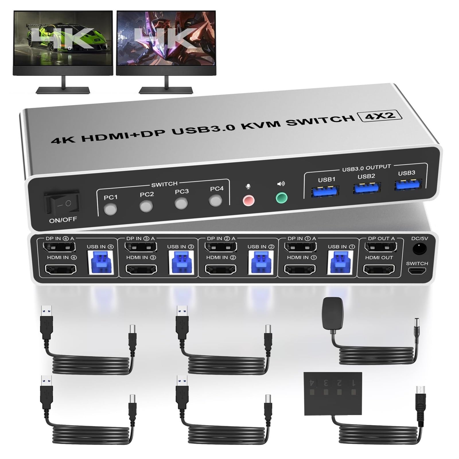 4K @ 60Hz USB 3.0 Displayport+HDMI KVM Switch 2 moniteurs 4 ordinateurs, 4 ports double moniteur HDMI+DP Monitor Switch pour 4 PC (prise américaine)