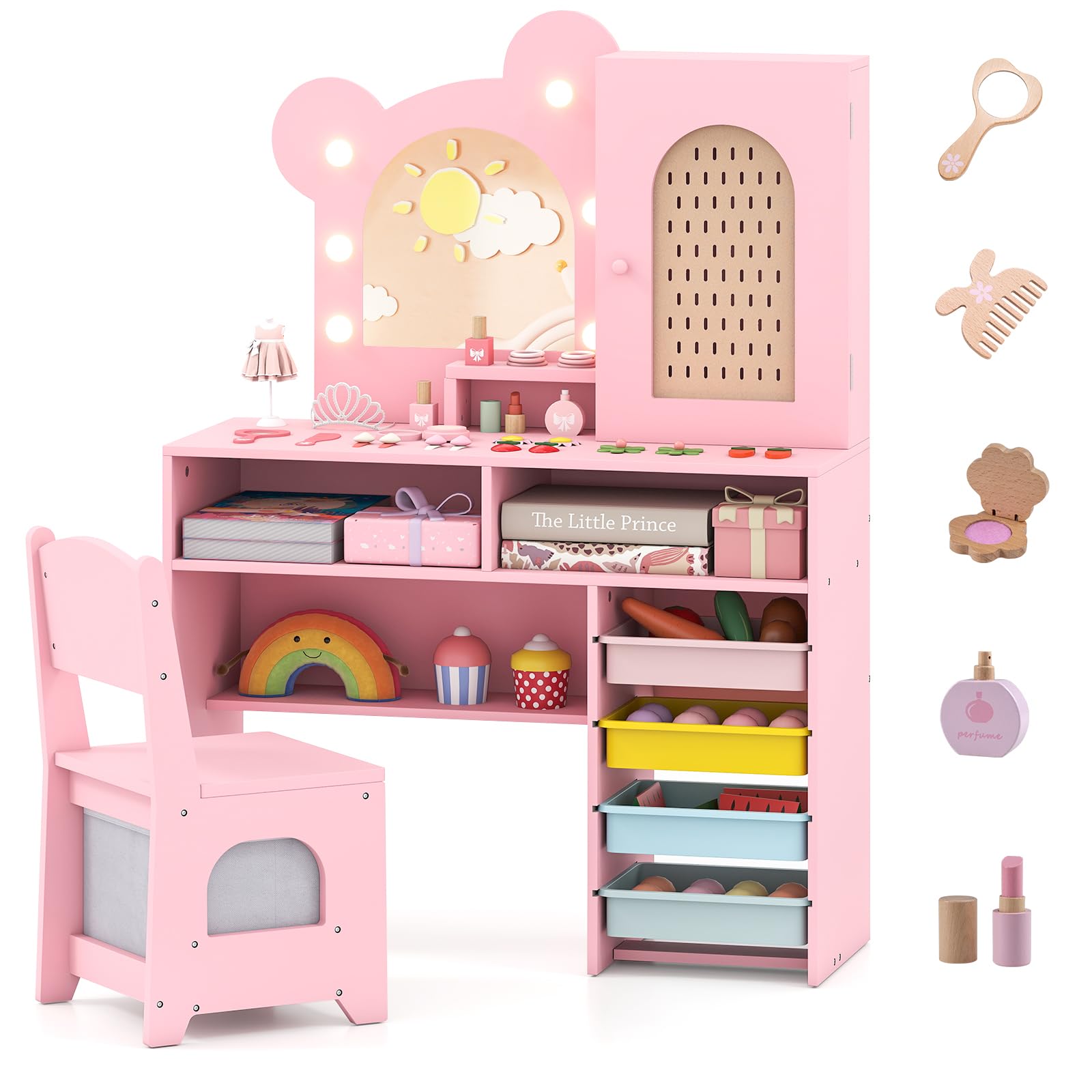 Costzon Kids Vanity with Lights, Girls Vanity Set with Mirror, Storage Drawers, Cabinet &amp; Shelves, Toddler Makeup Vanity Desk Dressing Table, Wooden Kids Vanity Table and Chair Set (Pink)