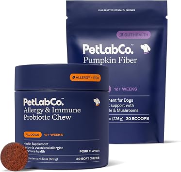 PetLab Co Gut & Allergy Bundle Pumpkin Powder Blend for Firm Stools & Healthy Digestion & Allergy & Immune Probiotic Soft Chews to Support Immune Response