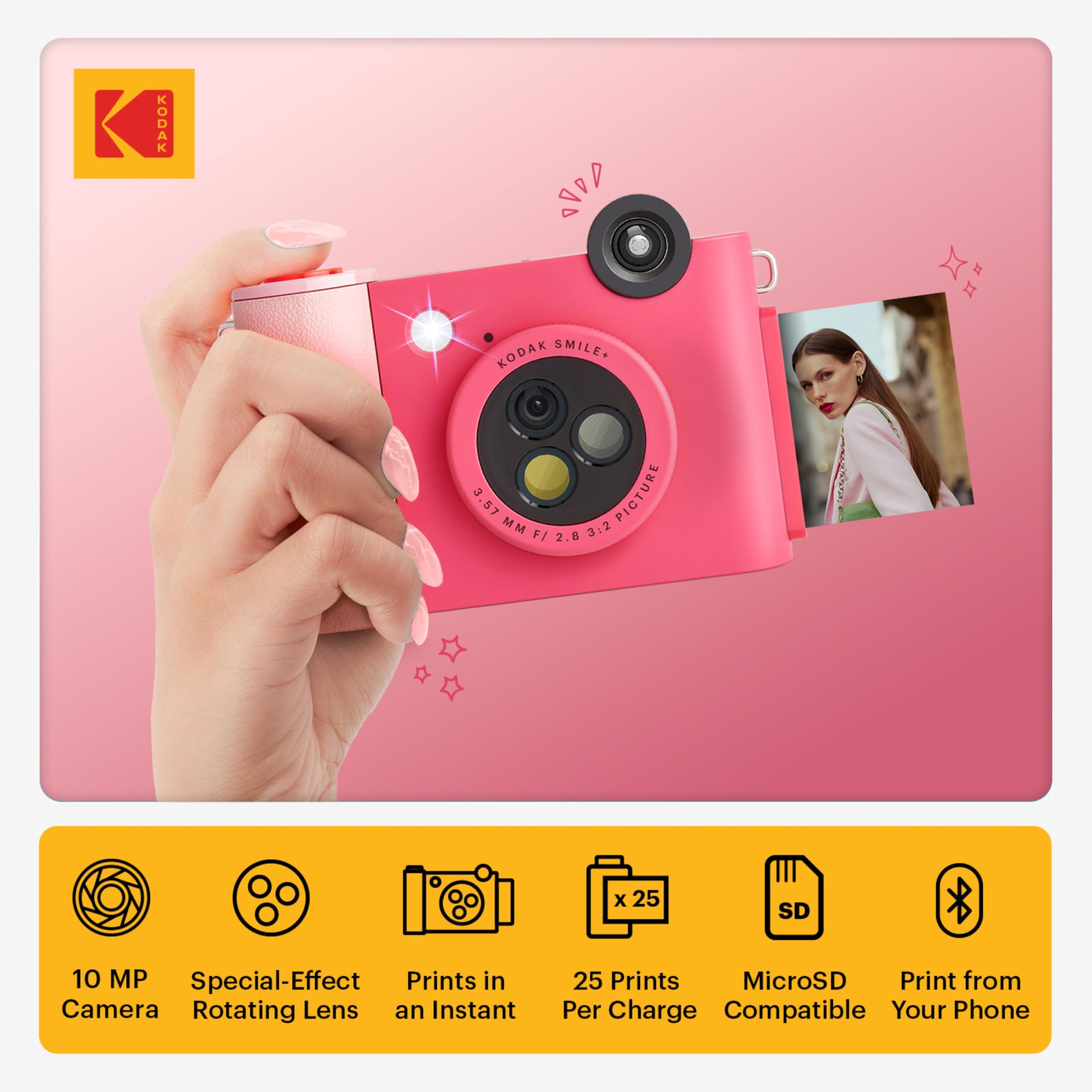 KODAK Smile+ 2-in-1 Digitale Sofortbildkamera & Bluetooth Fotodrucker Starterpaket + Weiche Tasche + Zink 20 Blatt - Fuchsia