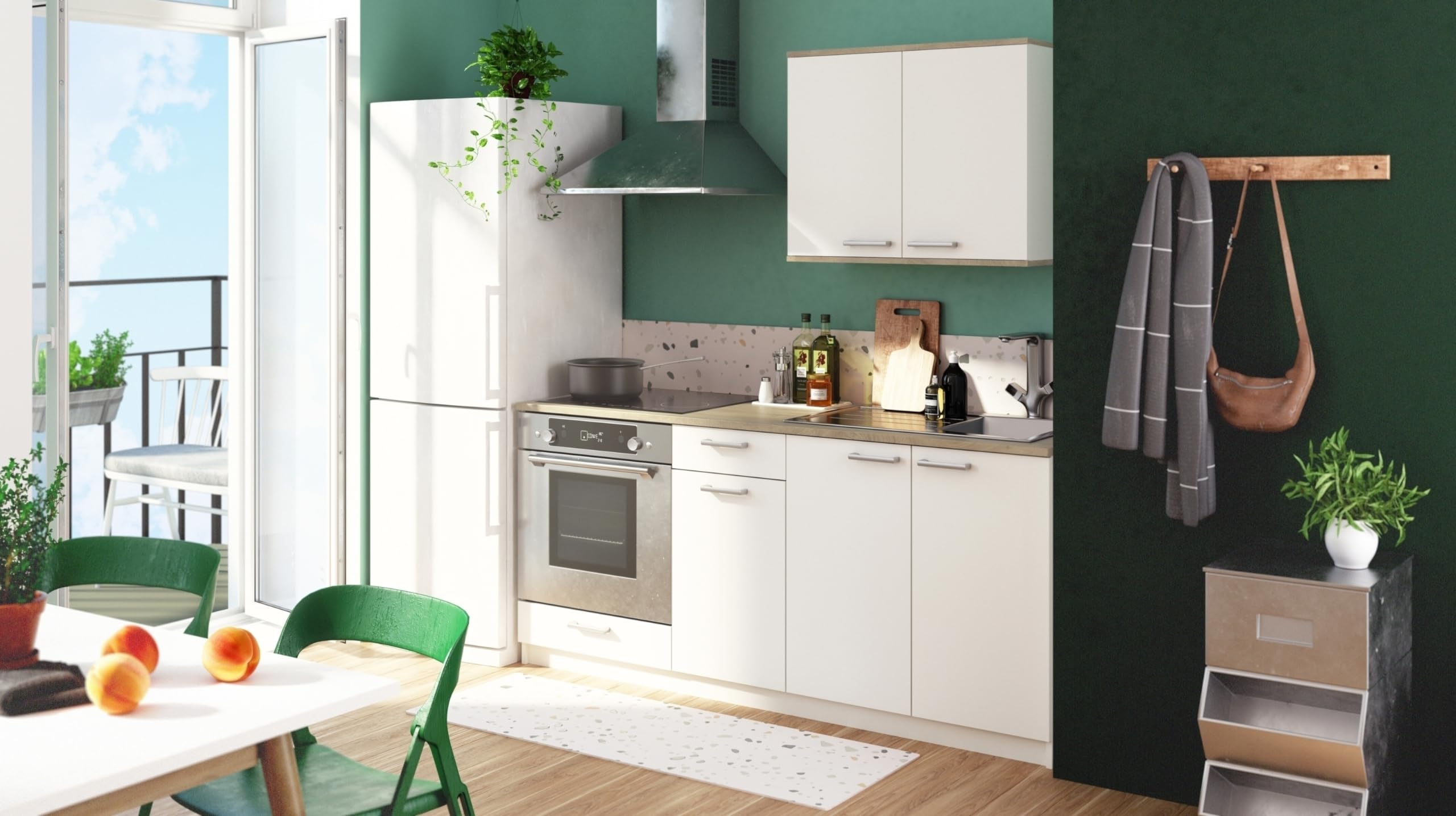 möbelando Miniküche >Cooking< in Matt weiß - 180x82,5x60cm (BxHxT)