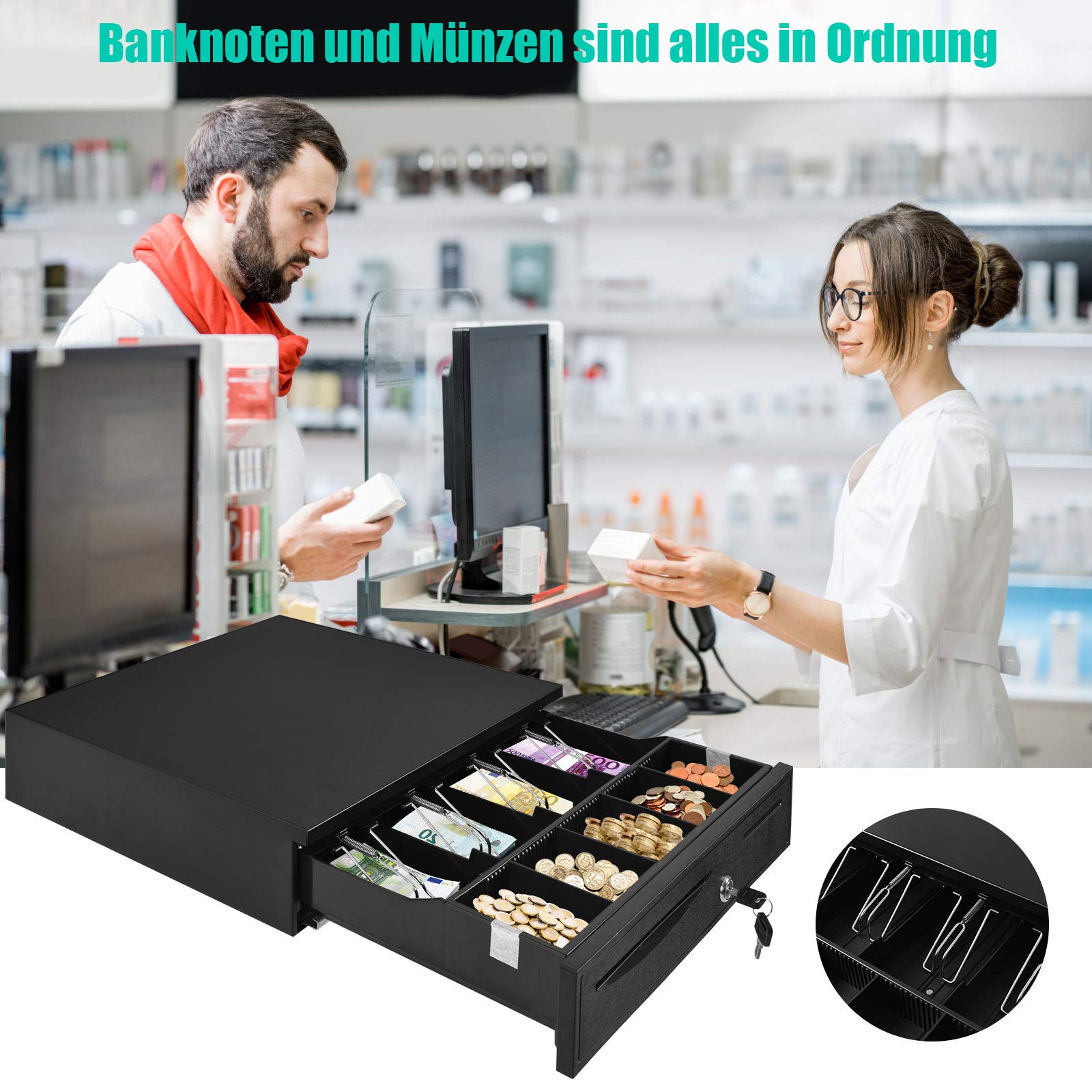 RELAX4LIFE Kassenschublade mit Schlüssel, Geldkassette abschließbar, Kassenlade Elektrisch, Münzzählbrett & Scheinfächer, Geldbox Metall, Geld Aufbewahrung 40,5 x 42 x 10 cm, Schwarz
