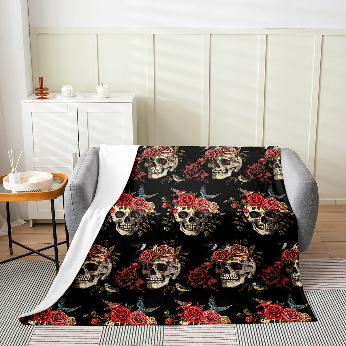 Couverture pelucheuse tête de mort rose idée cadeau originale pour lit et déco art gothique