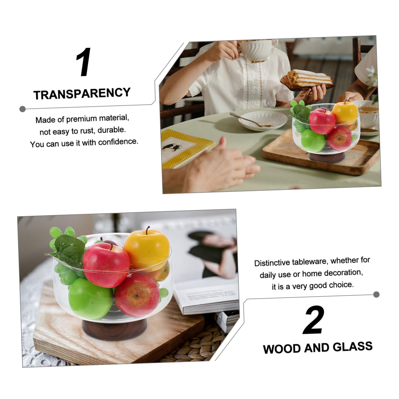 Didiseaon Frutero Transparente de Vidrio y Madera, 3500ml, Alto | Acabado Fino, Uso Multifunción, 3500ml de Capacidad, Pieza para Fruta y Refrigerios