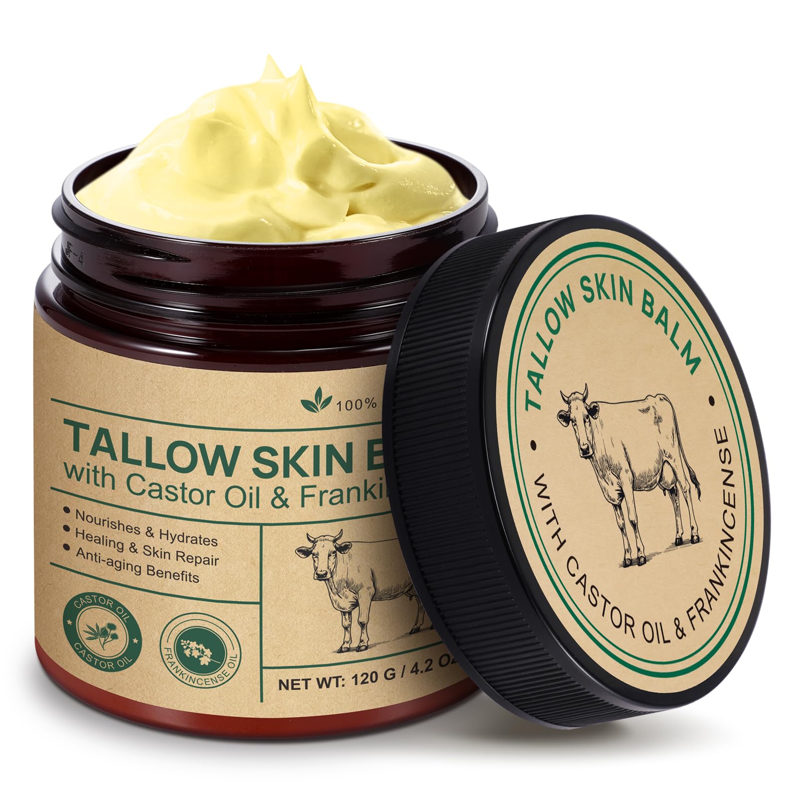 Beef Tallow Creme, Rindertalg Creme für Gesicht & Körper, mit Rizinusöl und Weihrauch, 100% Grasgefüttertes Rindertalg, Tiefe Hydratation & Pflege,120g