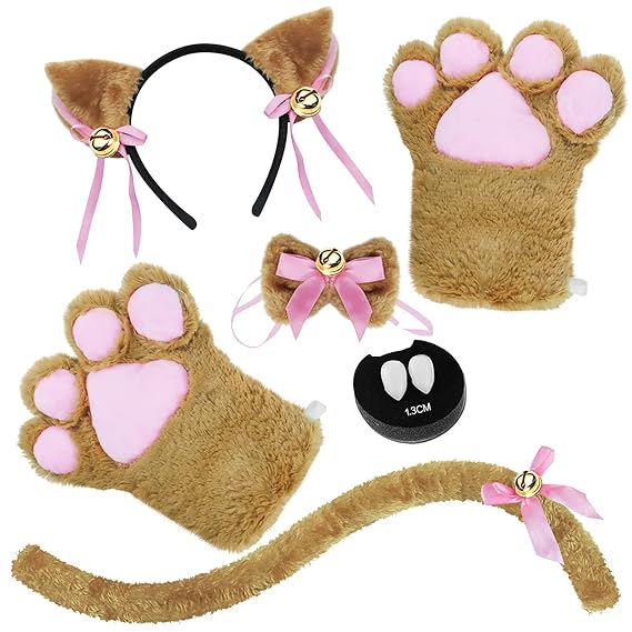 Abida Cat Cosplay Costume - 5 Pcs Set Cat Ear and Tail with Collar Paws Gloves and Vampire Teeth Fangs for Halloween