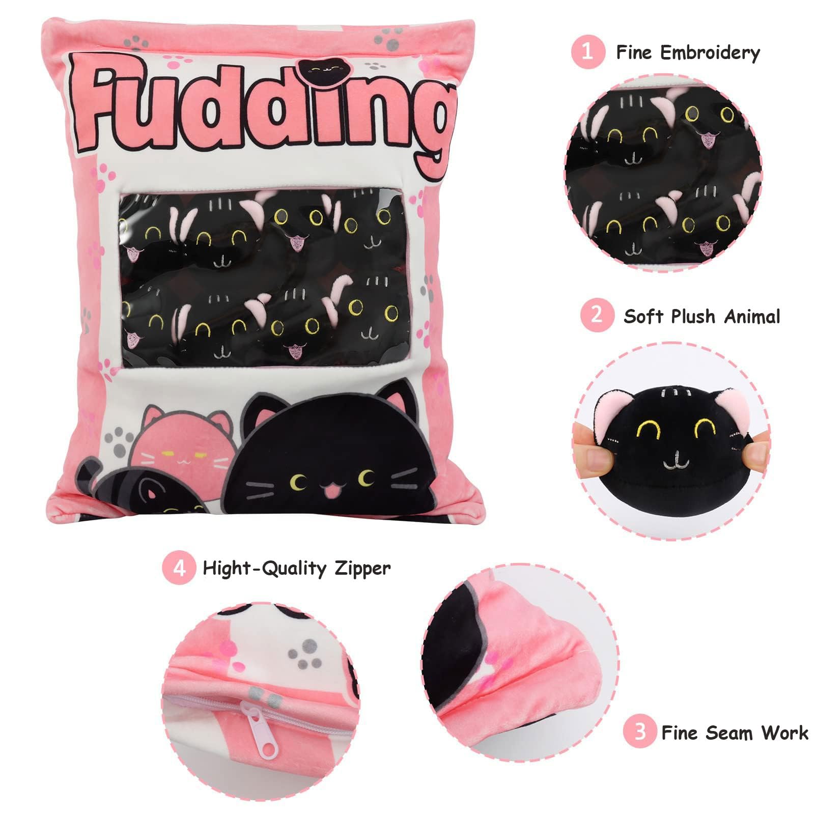 HXPLN Cute Snack Pillow, Kawaii Pudding Plush Pillow & Stufed Toys - Removable, Gift for Teenagers Girls & Children (8 Pink Kittens) - Image 3