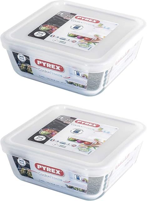 Pyrex Microwave Safe Classic Square Glass Dish with Plastic Lid 2.0 Litre White (Pack of 2)