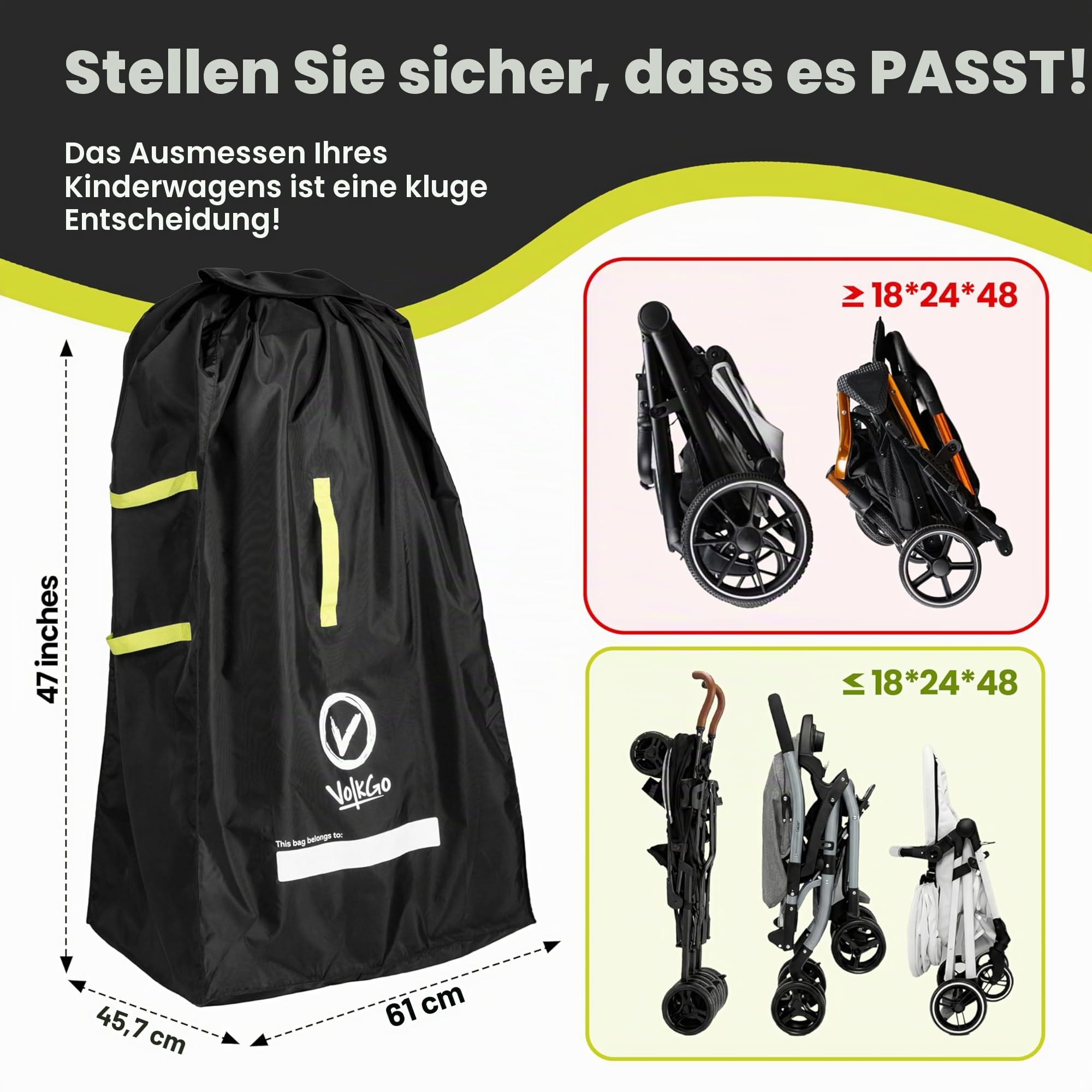 V VOLKGO Große Kinderwagentasche für Flugreisen, Schutz für Doppel- und Jogger-Kinderwagen, passt für die meisten Modelle, Gate-Check-Tasche, robust und wasserabweisend