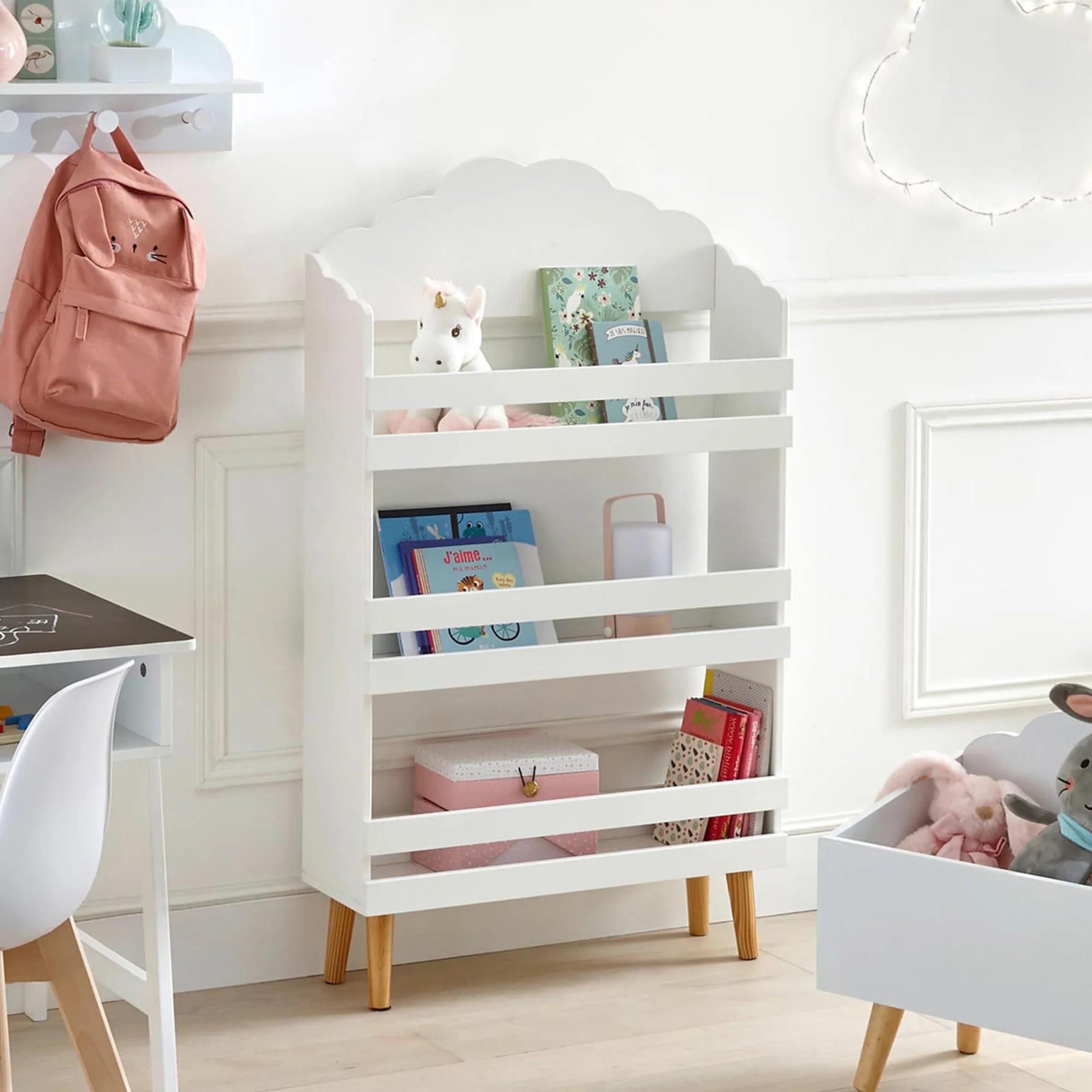 Libreria per Bambini, Scaffale per Bambini a 3 Livelli, Scaffale per Libri e Giocattoli, Scaffale per la Cameretta dei Bambini, in Legno MDF, 58x18x98 cm, Bianco