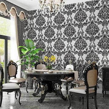Q QIHANG Luxury Damask 3D Vinyl PVC Embossed Wallpaper Roll, Black Silver | Extra-thick, 3D Dimensional, Flower,For Living Room,BedRoom,TV,Dinning Room,Non-pasted Wall paper Roll,1.73W x 32.8L