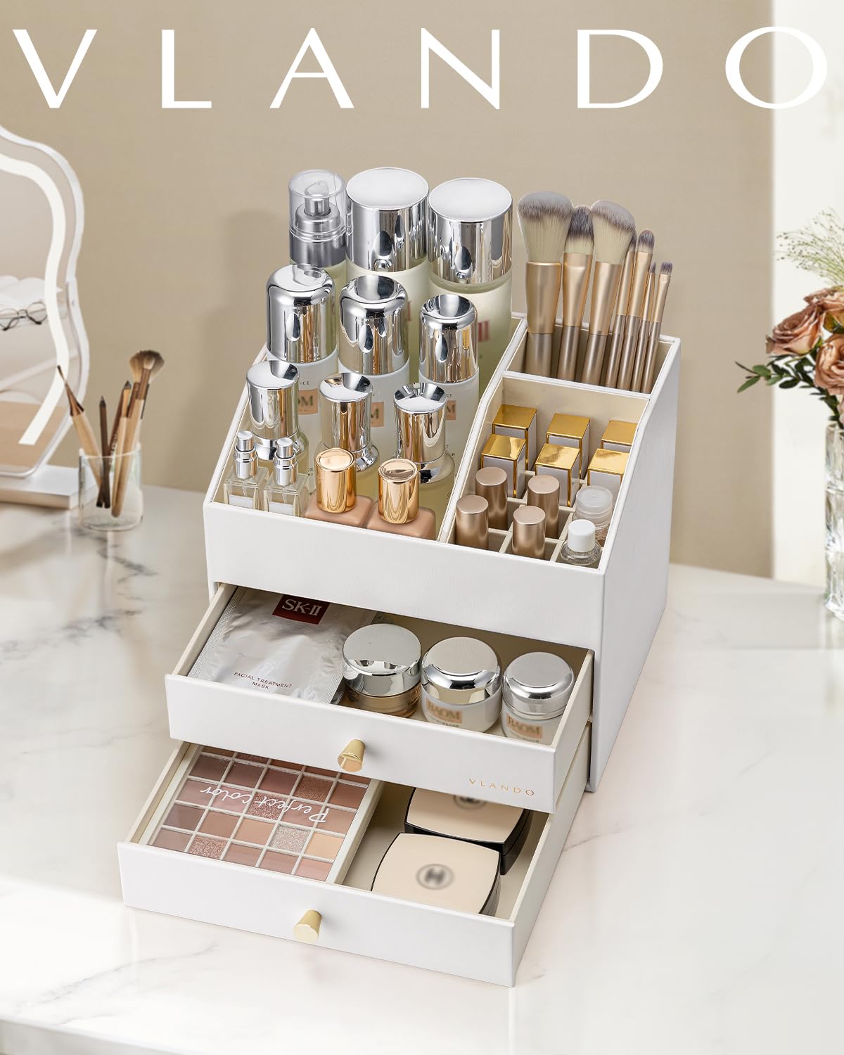 VLANDO Organizer per trucchi con 3 cassetti, organizer da toeletta in PU leader | Organizer per profumi, per la cura della pelle, accessorio da toeletta per rossetto, regalo, bianco