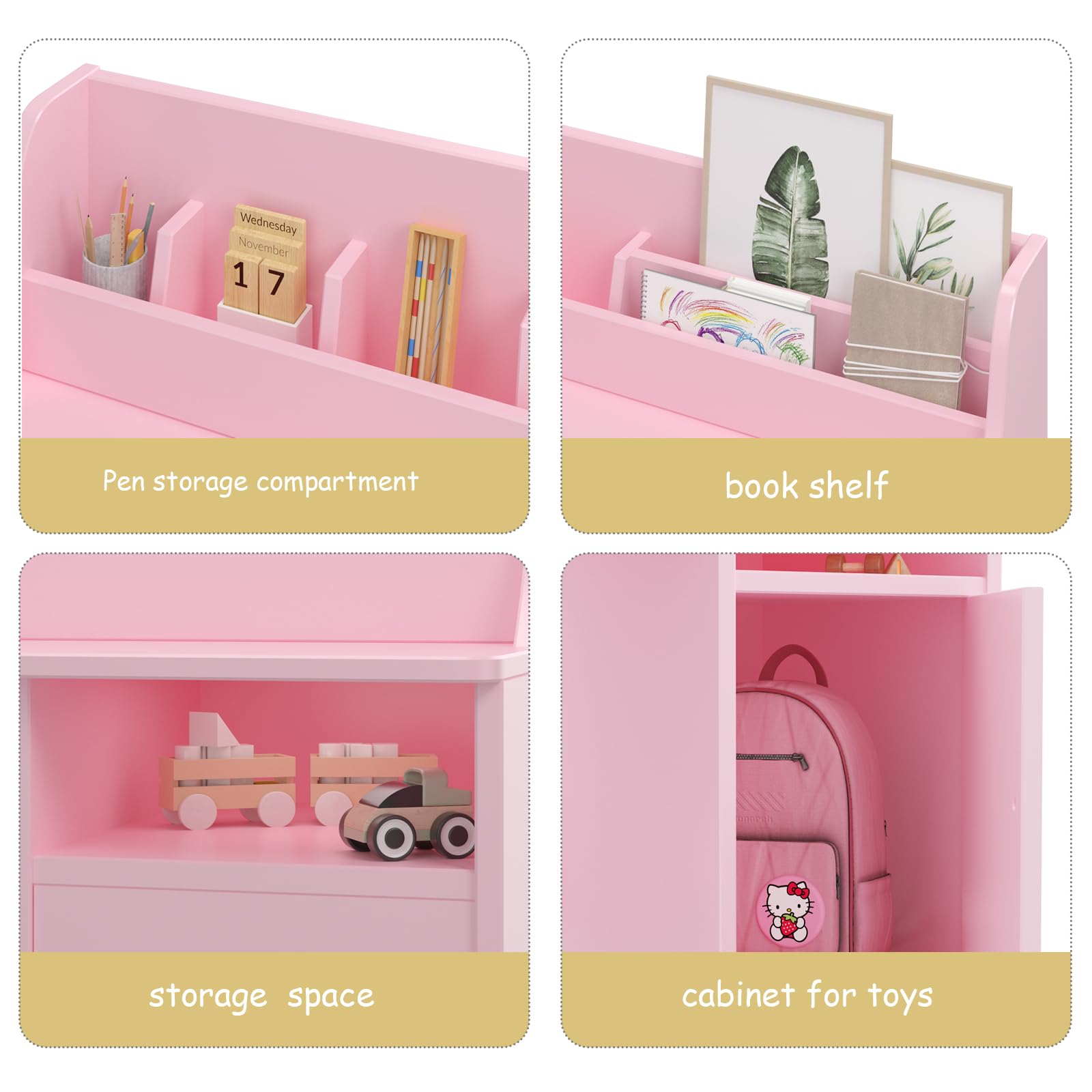 Escritorio Infantil con Silla de Madera con Estantes y Taquilla, Escritorio Infantil con Silla de Madera, Mesa de Aprendizaje Multifuncional para Niños y Niñas de 3+ Años