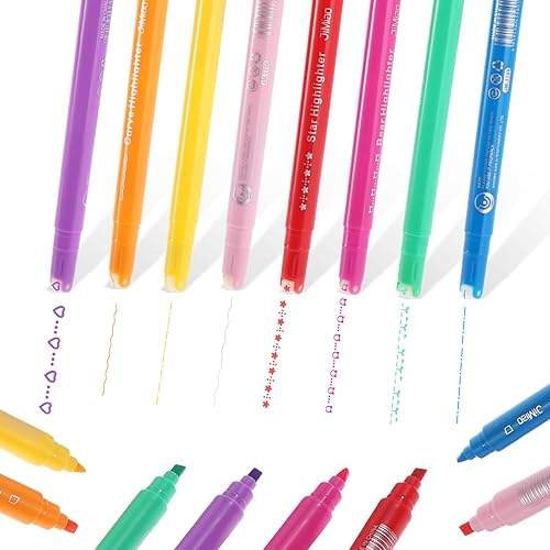 YUXIANLB Juego de 8 bolígrafos curvos de colores para tomar notas, resaltadores estéticos de doble punta con 8 líneas de formas curvas diferentes,