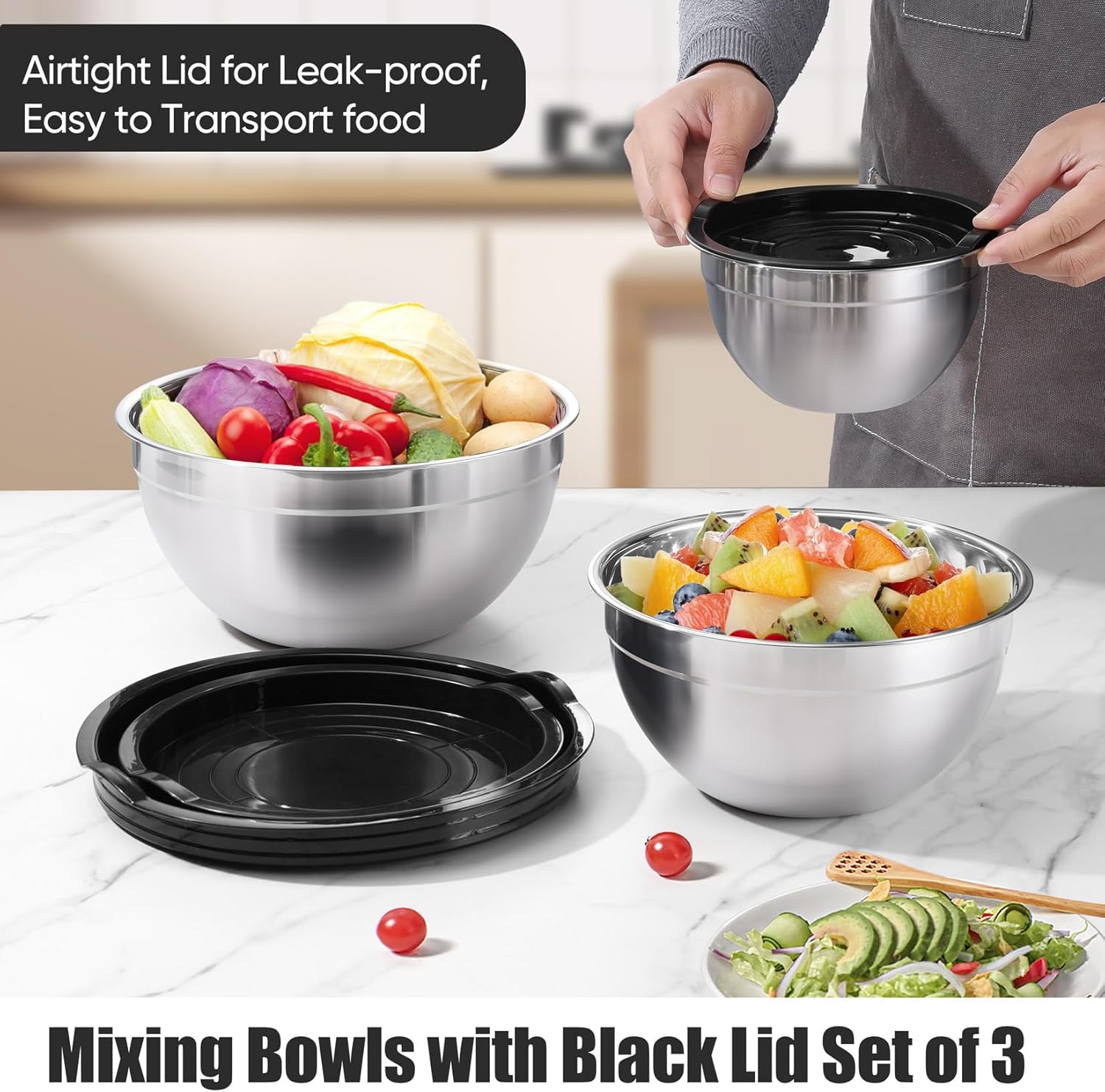 P&P CHEF Black Mixing Bowls with Lids, Set of 3, Stainless Steel Salad Nesting Bowl for Mixing, Storing, Prepping, Airtight & Stackable, Size 4.6/3 /1.5 QT - Image 3