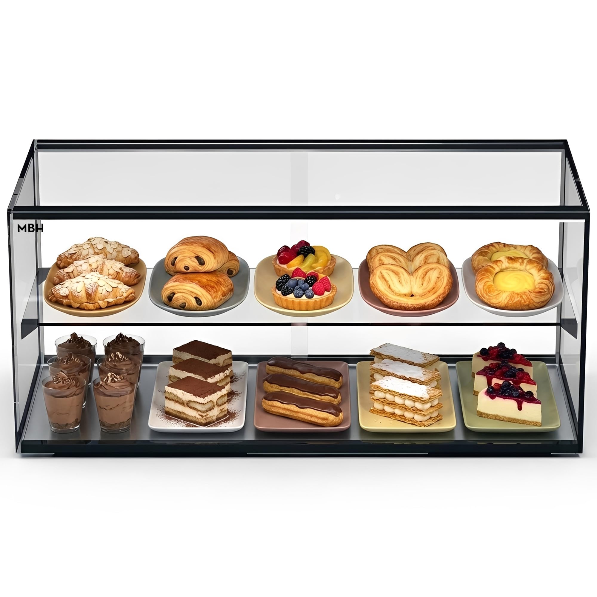 MBH - Vitrina Expositora Neutra de Sobremostrador 92x33 cm, Cristal Recto Templado, 2 Pisos, sin Iluminación LED, Puertas Traseras Correderas, para Bar, Cafetería, Restaurante, Bollería y Repostería.