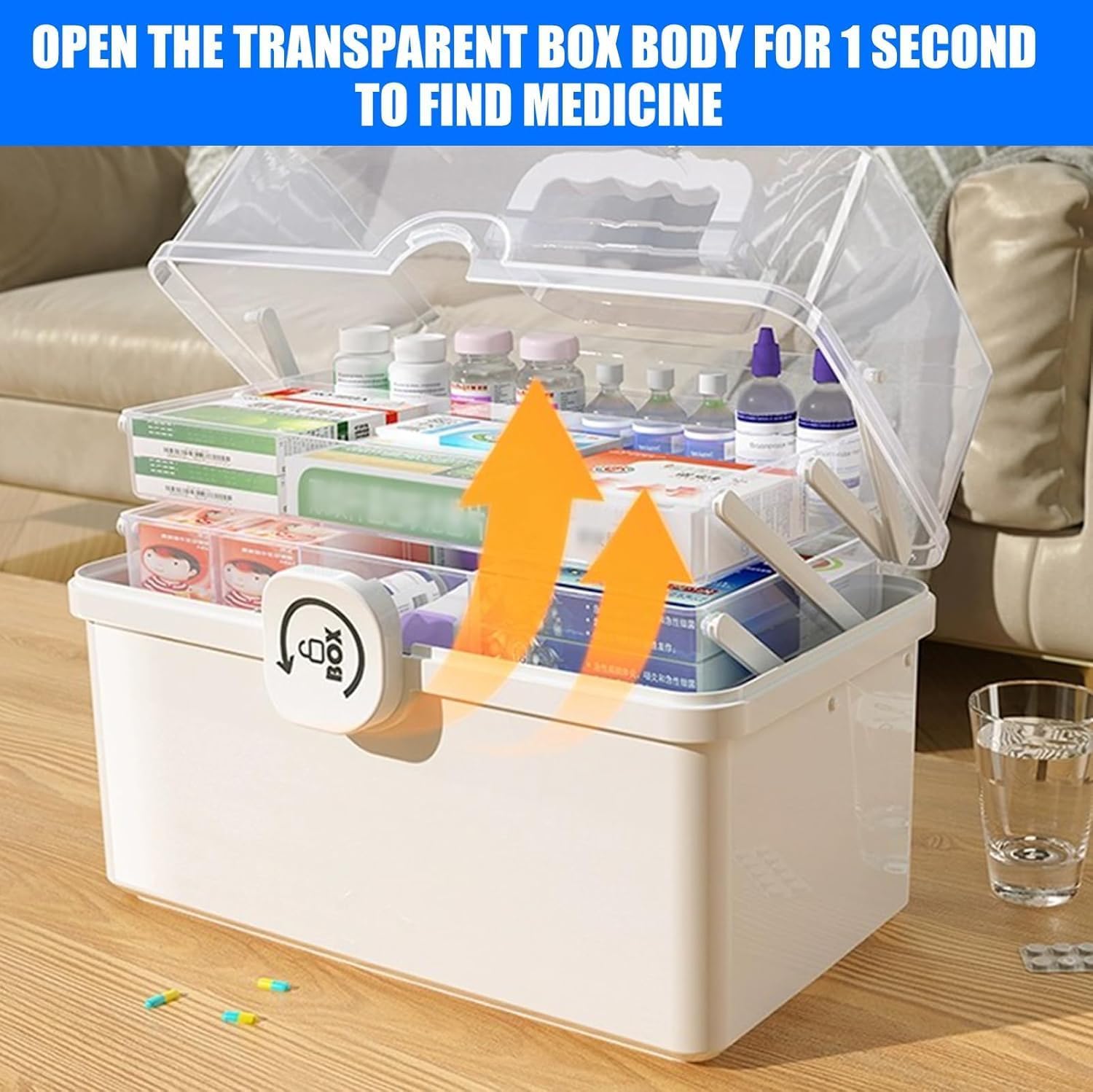 KUANDARMX Sicurezza Scatola per Medicinali, 3 Strati Scatola di Medicina Contenitore per Medicinali di Emergenza Multifunzione Scatola Immagazzinaggio con Maniglia, 34 x 19.5 x 21.5cm Regalo, Blue