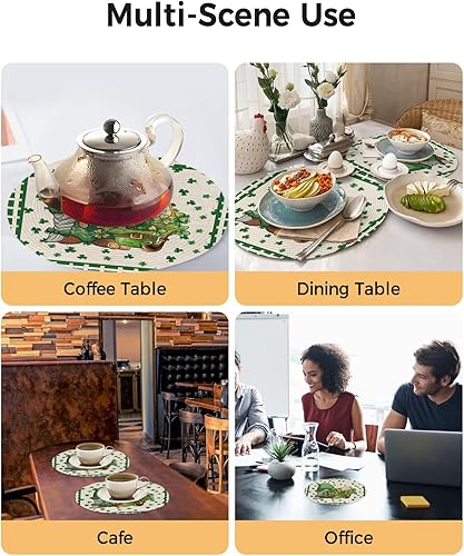Miniatura 2 de Set of 2 Placemats for Dining Table, St. Patrick's Day Clover Gnome Plaid 15 Inch Decorative Round Braided Place Mat for Kitchen Living Room Parties
