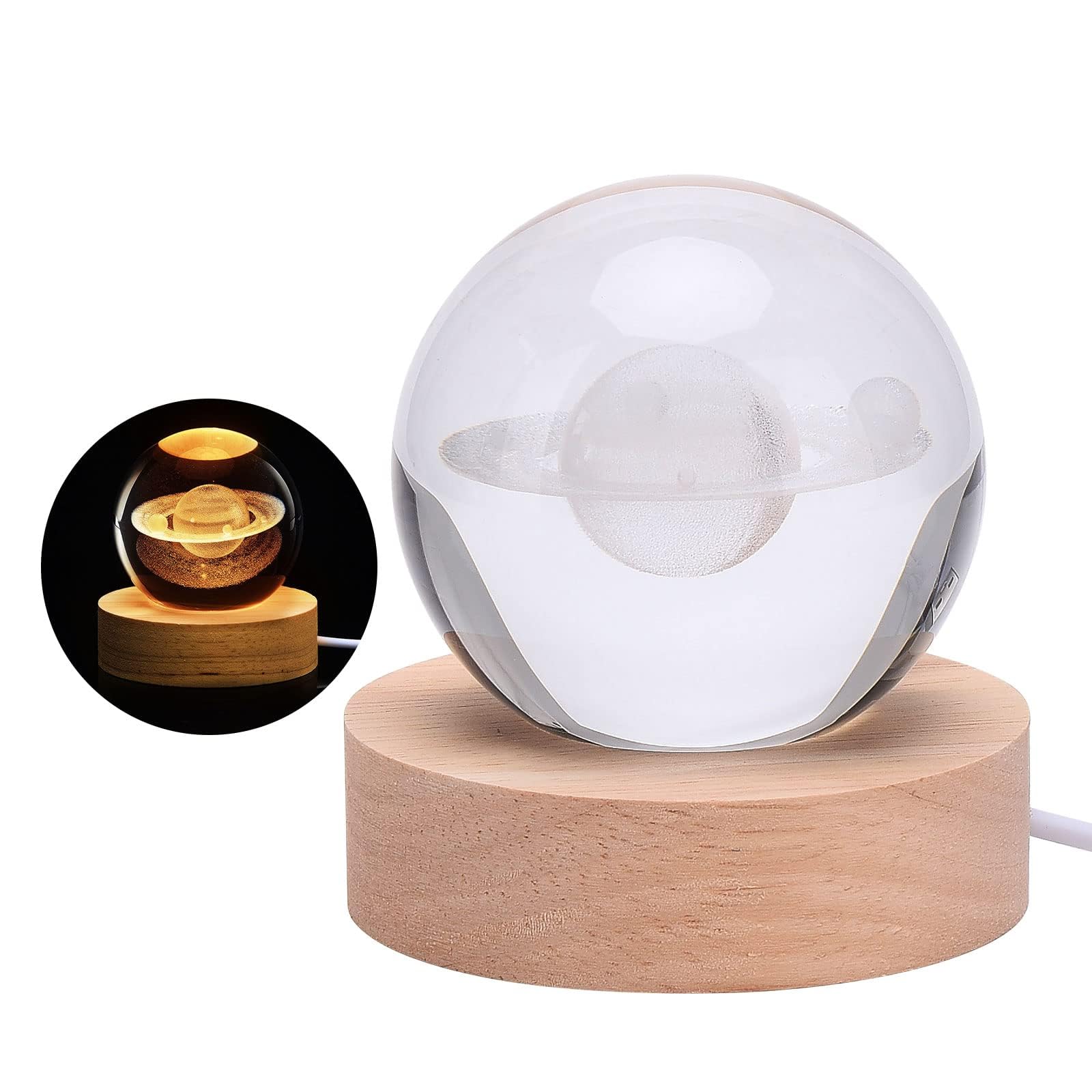 DRYFAL 3D Saturn Crystal Ball Night Light for Kids Glass Ball Night Lamp with Wood Base Fantasy Decor Crsytal Ball Saturn LED Galaxy Planet Nightlight Gift Bedroom Decor - Image 4