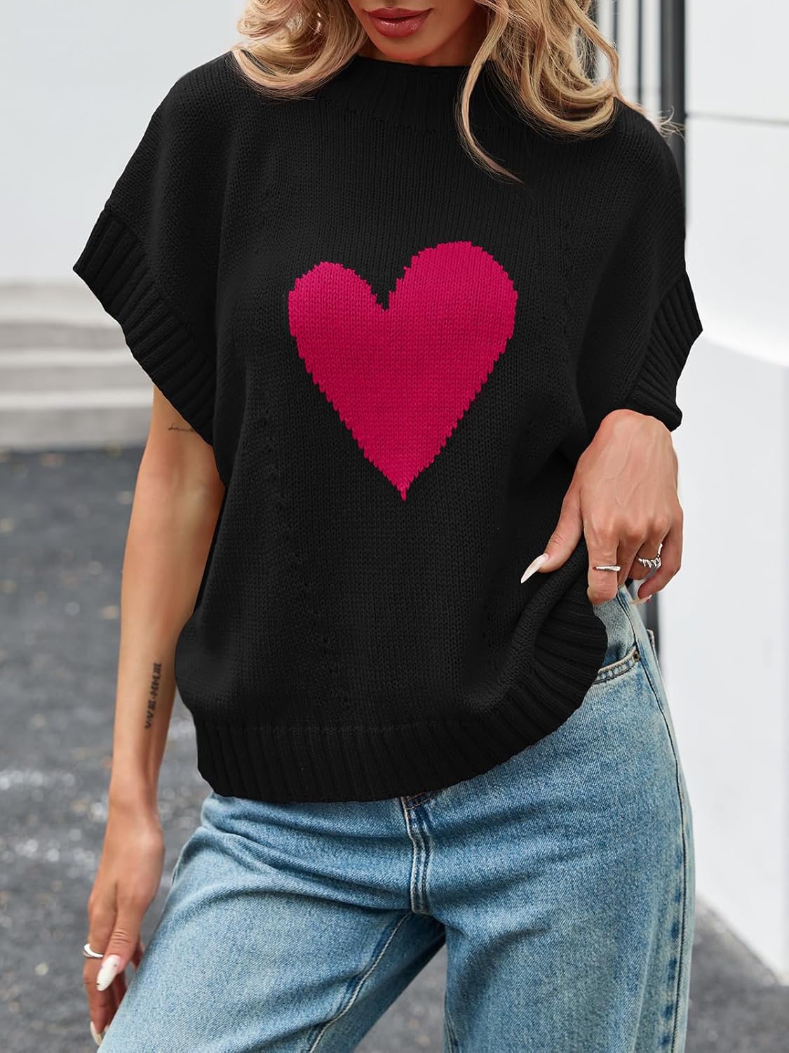 Saodimallsu Womens Cap Sleeve Cropped Sweater Mock Neck Cute Heart Loose Valentine Knit Tank Tops - Image 4