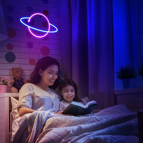 Miniatura 3 de Letreros de neón para decoración de pared, 3 luces LED de neón para dormitorio, elemento espacial iluminado por USB o pilas, planeta alienígena