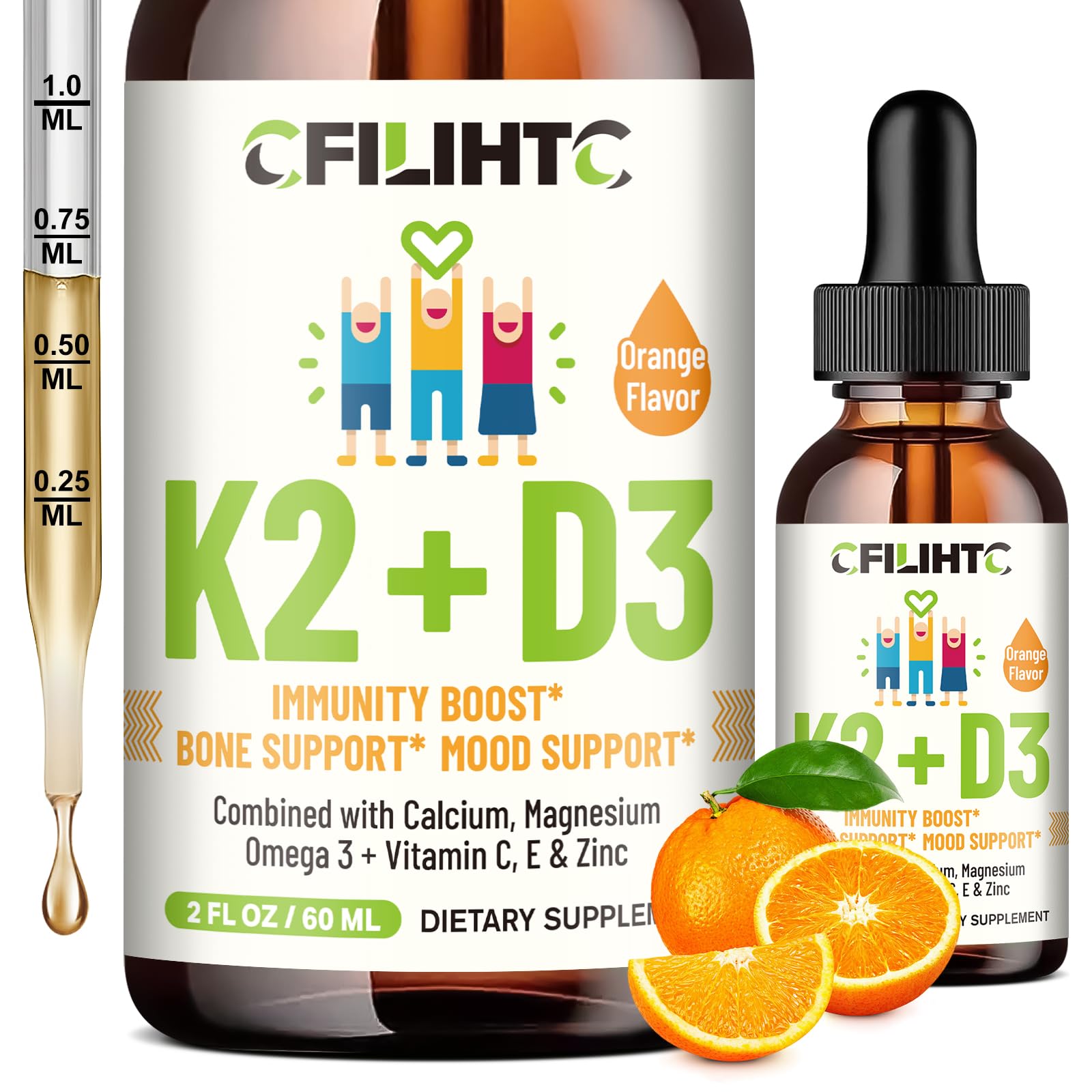 Vitamin D3 K2 Drops for Kids - Omega 3, Vitamin E, Calcium, Magnesium & Zinc for Better Absorption - Liquid MK7 1000 IU D3 Support Healthy Bones, Teeth & Heart - Non-GMO, Orange, 2 Fl Oz