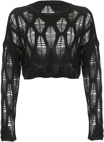 Alt Clothes, Crop Tops See Through Hole Gothic Clothes for Women Ripped Knit Pullover Emo for Women Girls Black