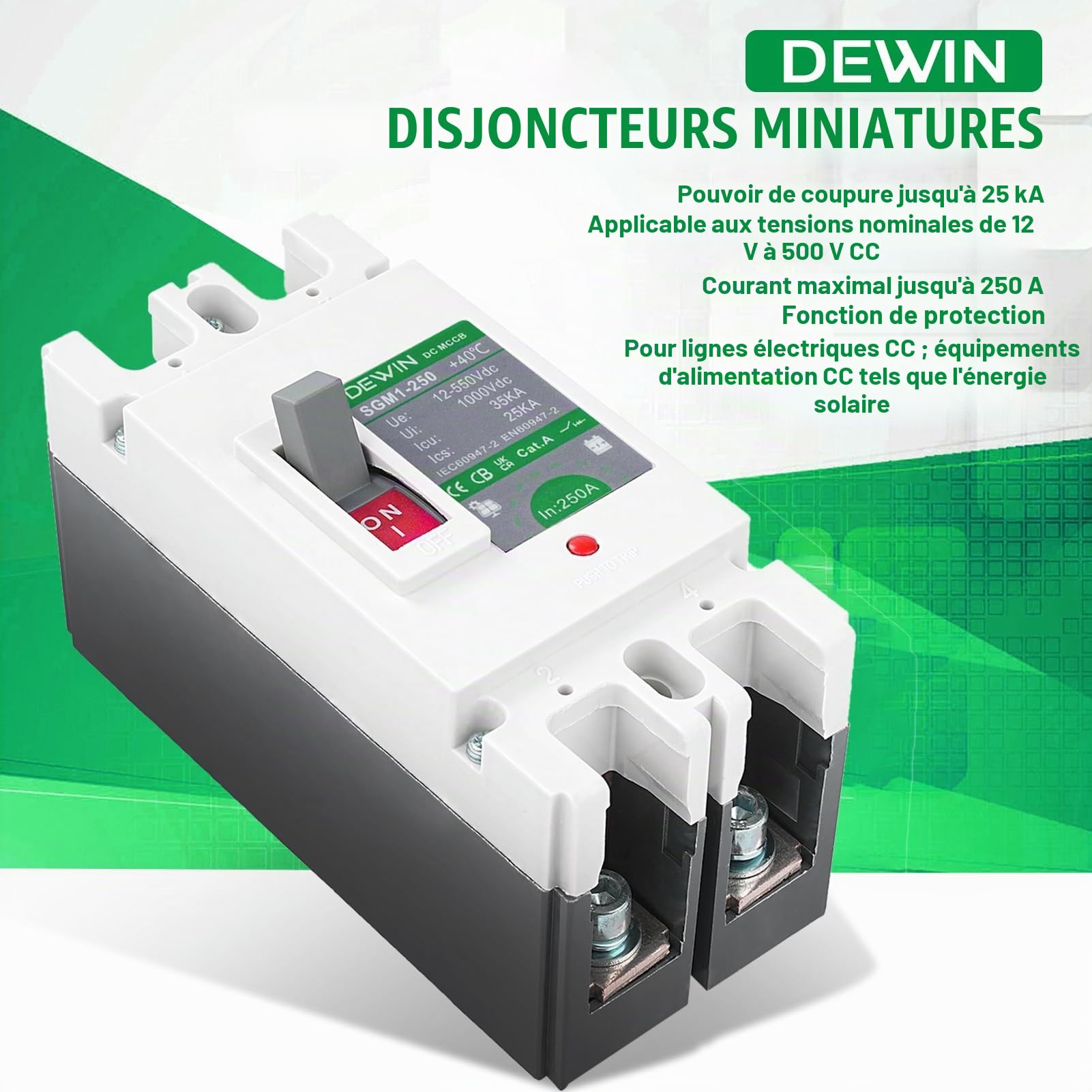 DEWIN Disjoncteur CC 250A, disjoncteur CC boîtier MCCB interrupteur principal de batterie solaire interrupteur de déconnexion de batterie 2P 250A 500V