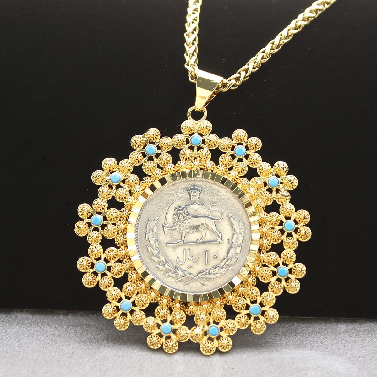 Persian Vintage Pahlavi Coin Shir Khorshid Lion Sun Necklace Chain